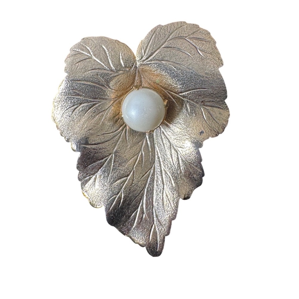 Sarah Coventry Leaf Brooch Faux Pearl Gold Tone Vintage Pin